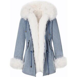 Women's Beige Sherpa Fleece Jean Jackets Twill Parka Jacket, Winter Fashion Warm